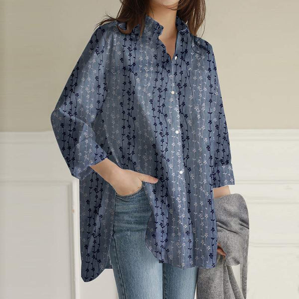 Oversize Blusa Fashion Floral Printed Shirt Vintage Lapel Collar Long Sleeve Blouse Casual Loose Pocket Tops Tunic