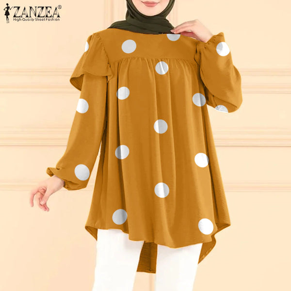 2023 Fashion  Turkey Blouse Polka Dots Printed Causal Tops Ruffles Long Puff Sleeve Female Shirt Muslim Hijab Blouse Oversize Blusas