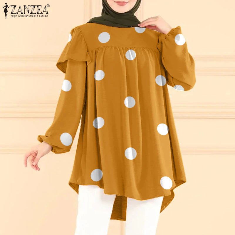 2023 Fashion  Turkey Blouse Polka Dots Printed Causal Tops Ruffles Long Puff Sleeve Female Shirt Muslim Hijab Blouse Oversize Blusas