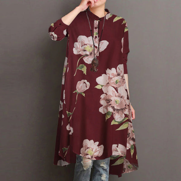 Women Vintage Long Shirt Spring Bohemian Floral Printed Blouse