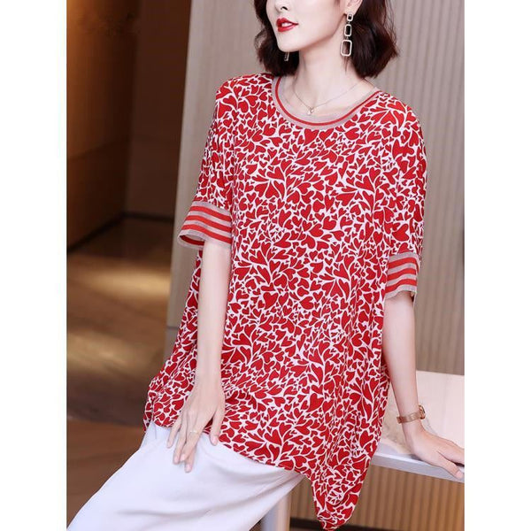 2023 Summer Oversize Women's Clothing Lace Patchwork Round Neck Printing Long Tops Women