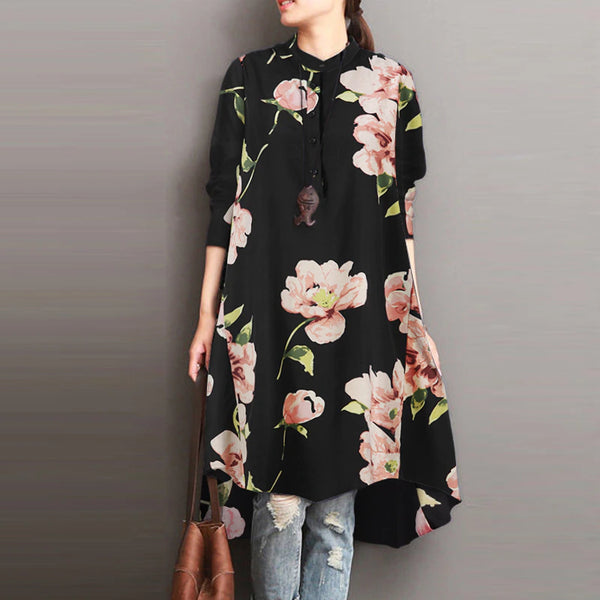 Women Vintage Long Shirt Spring Bohemian Floral Printed Blouse