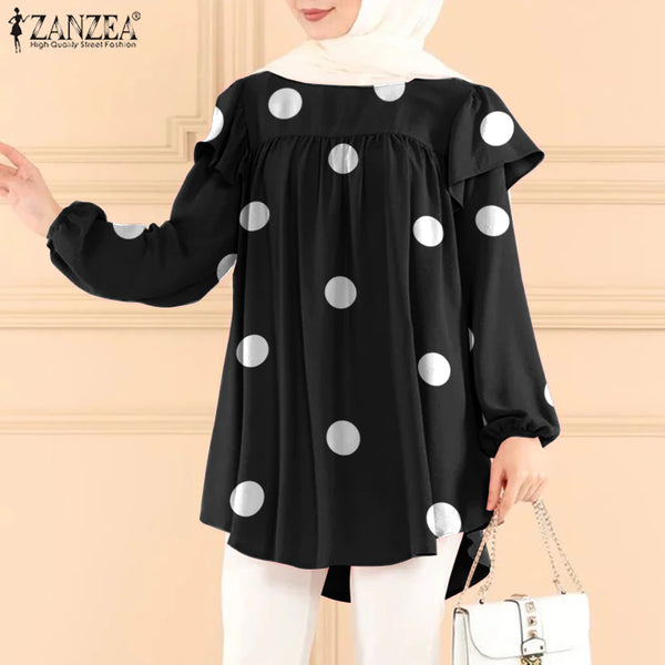 2023 Fashion  Turkey Blouse Polka Dots Printed Causal Tops Ruffles Long Puff Sleeve Female Shirt Muslim Hijab Blouse Oversize Blusas