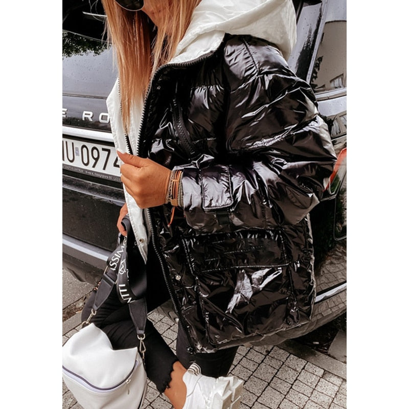 Winter Shiny Hooded Coat Women Long Sleeve Zipper Casual Street Style Bomber Jacket Thick Warm Parka Outerwear  2021