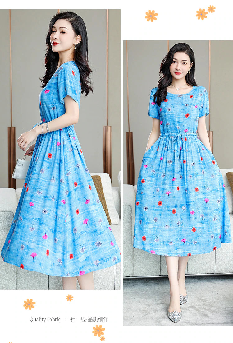 Summer women short sleeve dresses print vintage o-neck Beach Dress Sundress Vestidos dress