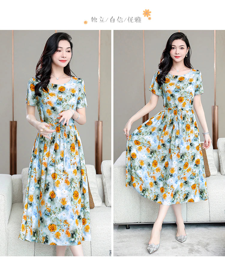 Summer women short sleeve dresses print vintage o-neck Beach Dress Sundress Vestidos dress