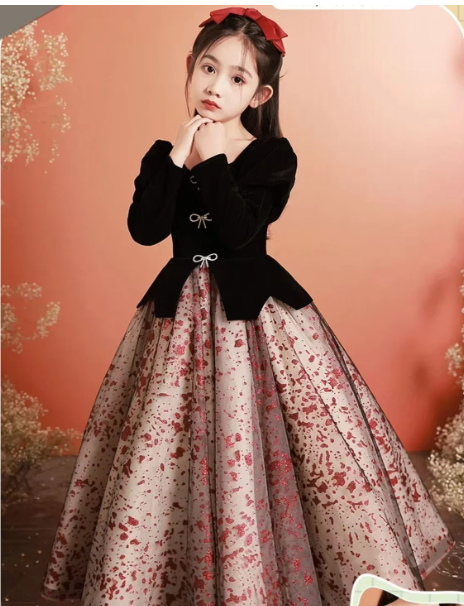 Girls Satin Mesh Tutu long Gown Children French Bubble Sleeve Princess Dress Christmas Prom Dress Birthday New Year Gift 3-15Y