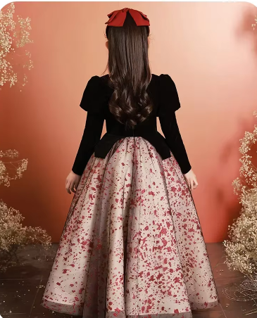 Girls Satin Mesh Tutu long Gown Children French Bubble Sleeve Princess Dress Christmas Prom Dress Birthday New Year Gift 3-15Y