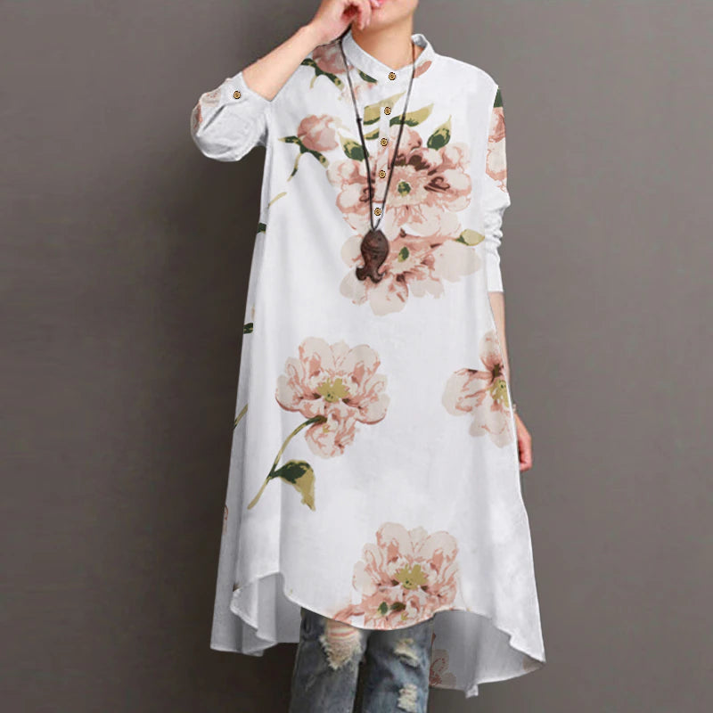 Women Vintage Long Shirt Spring Bohemian Floral Printed Blouse