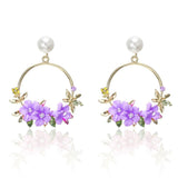 Trendy Cute Pink Flower Earrings For Women Girls Jewelry Female Rhinestone Gold Metal Round Circle Earrings Gift