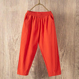 Women Summer Casual Loose  Elastic Waist Cotton Linen Pants Ninth Trousers