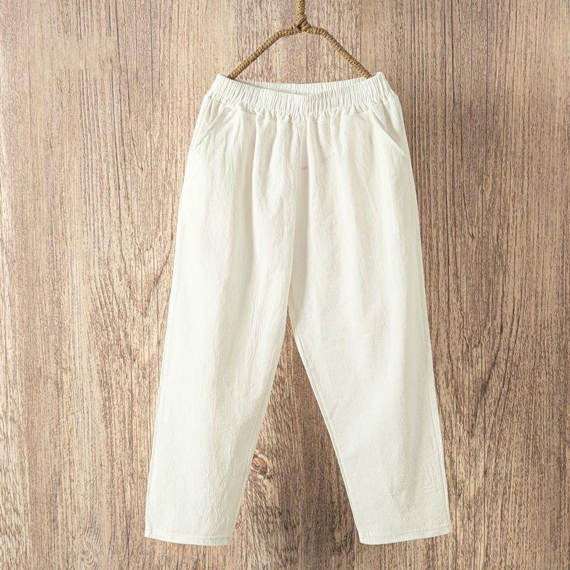 Women Summer Casual Loose  Elastic Waist Cotton Linen Pants Ninth Trousers