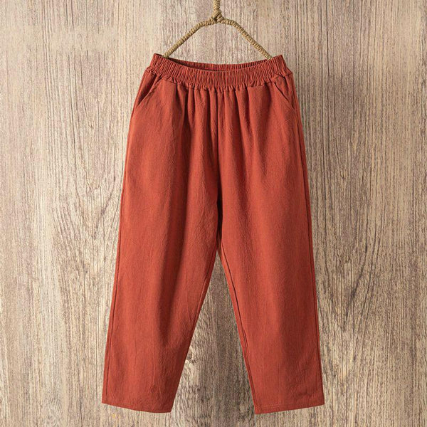 Women Summer Casual Loose  Elastic Waist Cotton Linen Pants Ninth Trousers