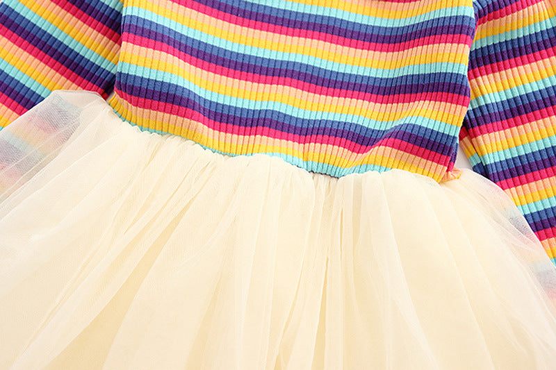 Girls' net yarn dress rainbow stitching base skirt