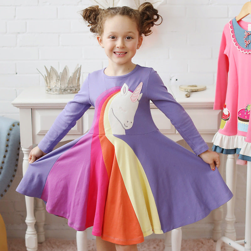 Long Sleeve Rainbow Cartoon Animal Embroidery Dress