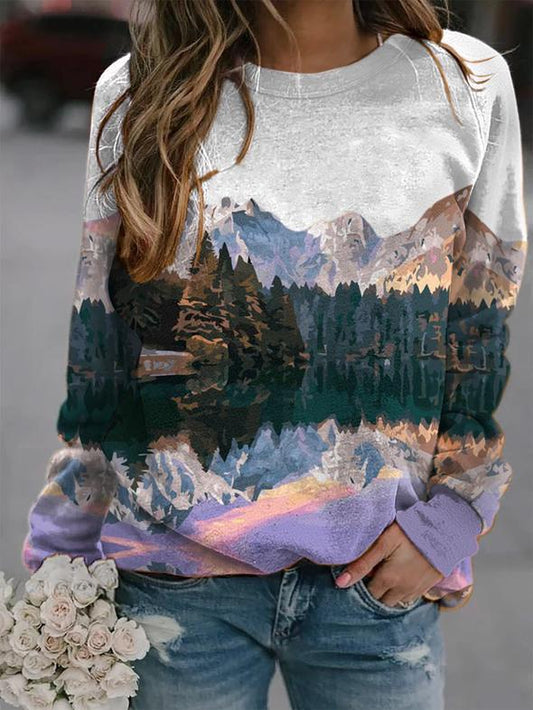 Popular ladys landscape print long-sleeved T-shirt top