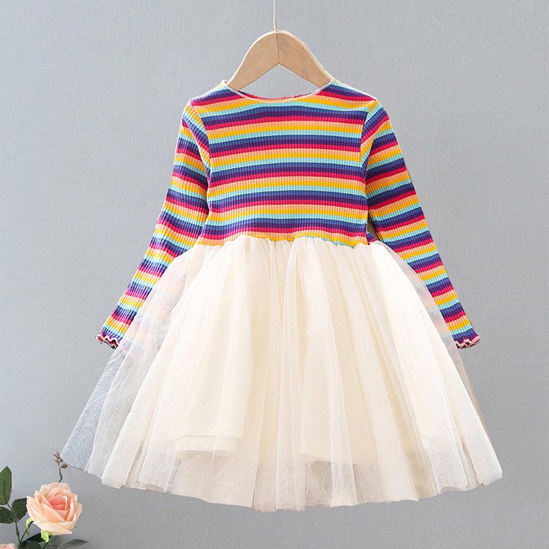 Girls' net yarn dress rainbow stitching base skirt