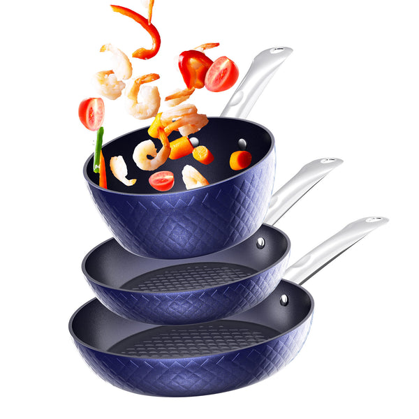 Frying Pan Sets Non Stick 3Pieces, Blue 3D Diamond Cookware, 20/24cm Frying Pan, 18cm Saucepan - Pots and Pans Set, Aluminum Ceramic Coating - Suitable for Induction Hob Oven,  Amazon Banned