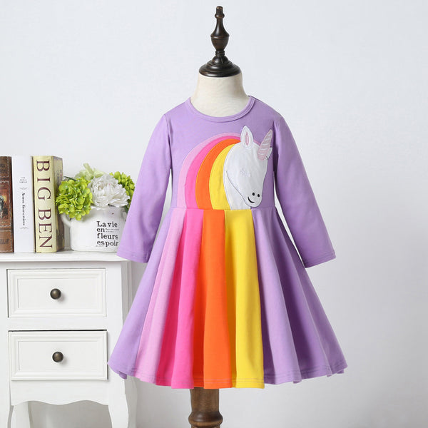 Long Sleeve Rainbow Cartoon Animal Embroidery Dress