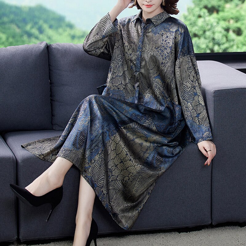 Autumn Floral Natural Silk Satin Midi Dresses Spring Women Korean Vintage Casual Loose Vintage Dress 2023 New Elegant Vestidos