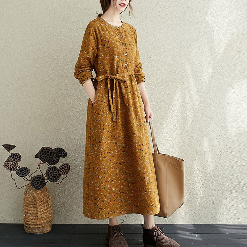 Women Autumn Cotton Linen Long Dress New Arrival 2020 Arts Style Vintage Floral Print Loose Ladies Elegant A-line Dresses S1857