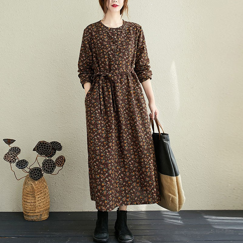 Women Autumn Cotton Linen Long Dress New Arrival 2020 Arts Style Vintage Floral Print Loose Ladies Elegant A-line Dresses S1857