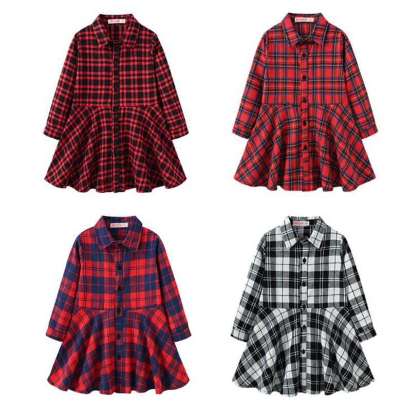 Kid Girl Dress Plaid Midi Long Sleeve Round Lapel Collar High Waist  Buttons Spring Autumn Princess Shirt 4-12Years