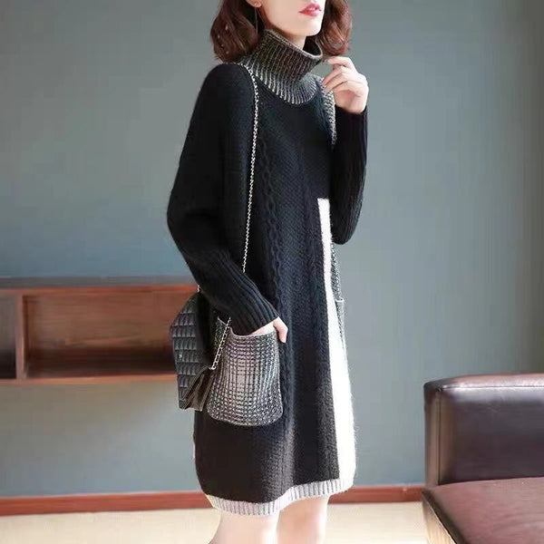 Autumn Winter Black Patchwork Knitted Cotton Pullovers Women Korean Vintage Midi Sweater Dress 2023 Elegant Turtleneck Sweaters