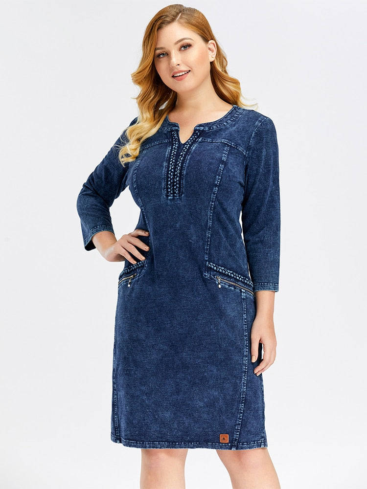 LIH HUA Women&#39;s Plus Size Denim Dress Elasticity  Knitted Denim Dresses Slim Fit Casual Dress Shoulder Pads Midi Dress