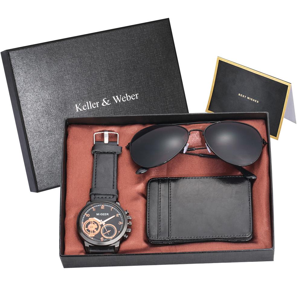 Luxury Rose Gold Men's Watch Leather Card Credit Holder Wallet Fashion Sunglasses Sets for Men Unique Gift for Boyfriend Husband
