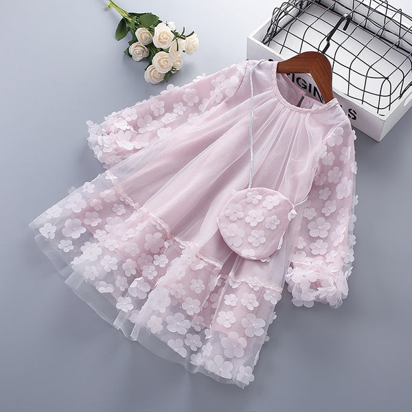3-7 Years High Quality Spring Autumn Girl Dress New Chiffon Flower Ruched Kid Children Clothing Girl Princess Dress With Bags