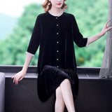 2023 Black Velvet Thick Warm Midi Dress Autumn Winter Korean Vintage Casual Vestidos Women New Elegant Bodycon Office Lady Dress