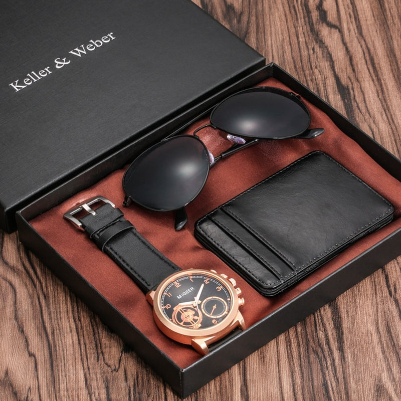 Luxury Rose Gold Men&#39;s Watch Leather Card Credit Holder Wallet Fashion Sunglasses Sets for Men Unique Gift for Boyfriend Husband