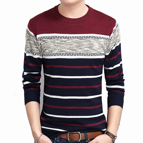 Covrlge New Spring Autumn Casual Men&#39;s Sweater O-Neck Striped Slim Knittwear Mens Sweaters Pullovers Pullover Men M-3XL MZM050