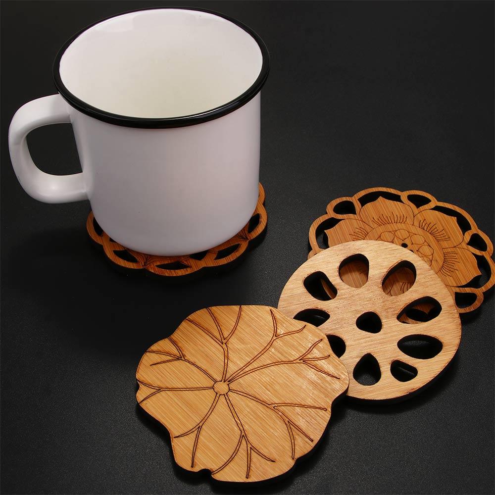 Lotus Shape Drink Coasters Mat Wooden Round Cup Table Mat Tea Coffee Mug Placemat Home Decoration Kitchen Accessories