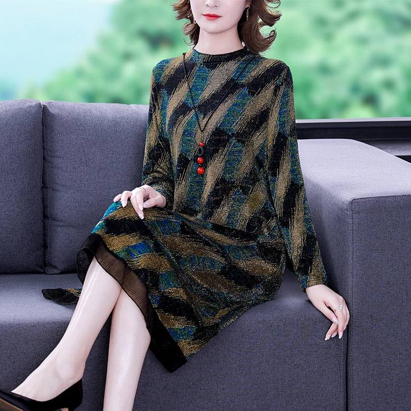 Women Knitted Striped Midi Dresses Autumn Winter Plus Velvet Thick Warm Dress 2023 Korean Vintage Elegant Loose Waist Vestidos