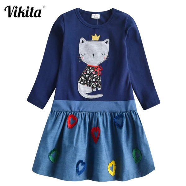 VIKITA Girls Cotton Dress Kids Cartoon Appliqued Vestidos Children Casual Wear Clothes Girls Long Sleeve Patchwork Dresses