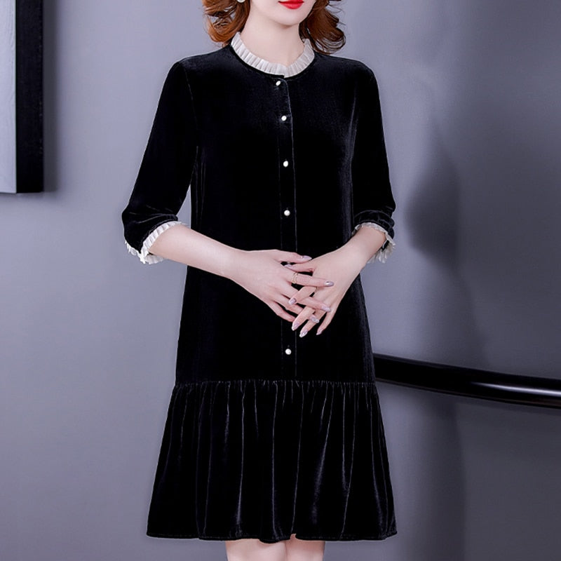 2023 Black Velvet Thick Warm Midi Dress Autumn Winter Korean Vintage Casual Vestidos Women New Elegant Bodycon Office Lady Dress