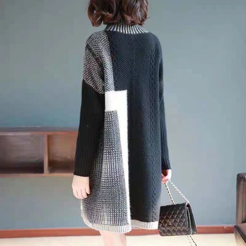 Autumn Winter Black Patchwork Knitted Cotton Pullovers Women Korean Vintage Midi Sweater Dress 2023 Elegant Turtleneck Sweaters