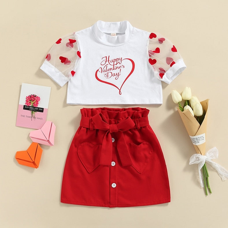 New Toddler Kids Baby Girl Valentine 's Day Clothes Long Sleeve Love Heart Printed Shirt Tops Tutu Skirt 2Pcs Outfits Set