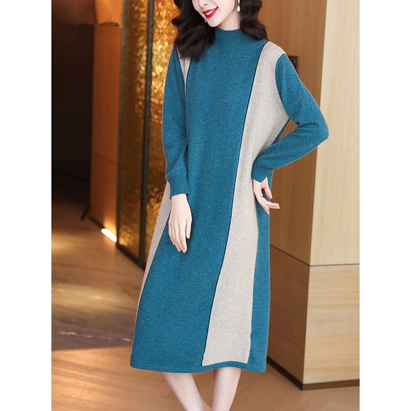 2021 Vintage Blue 3XL Plus Size Knit Turtleneck Wool Sweater Midi Dress Autumn Winter Casual Women Elegant Bodycon Long Sweaters