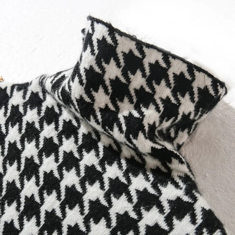 Bird lattice Turtleneck Basic Soft Loose Knitted Women&#39;s Sweater Dress Korean Fashion Vintage Elegant Jumpers Dresses for Women