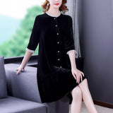 2023 Black Velvet Thick Warm Midi Dress Autumn Winter Korean Vintage Casual Vestidos Women New Elegant Bodycon Office Lady Dress