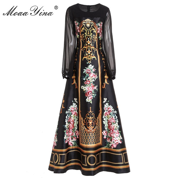 MoaaYina Fashion Designer dress Spring Women&#39;s Dress Long sleeve Vintage Floral-Print Black Maxi Dresses