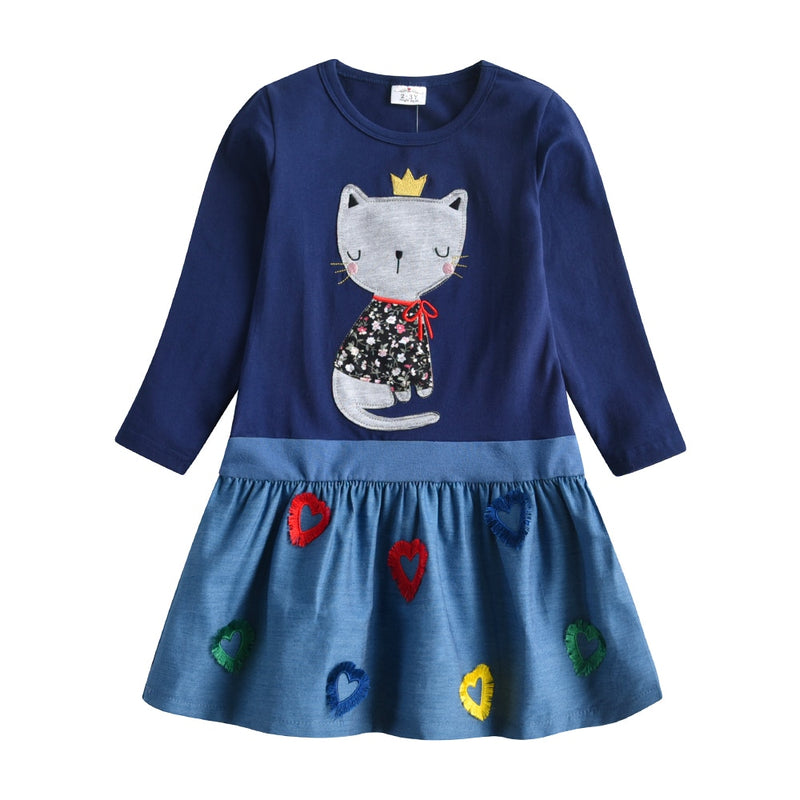 VIKITA Girls Cotton Dress Kids Cartoon Appliqued Vestidos Children Casual Wear Clothes Girls Long Sleeve Patchwork Dresses