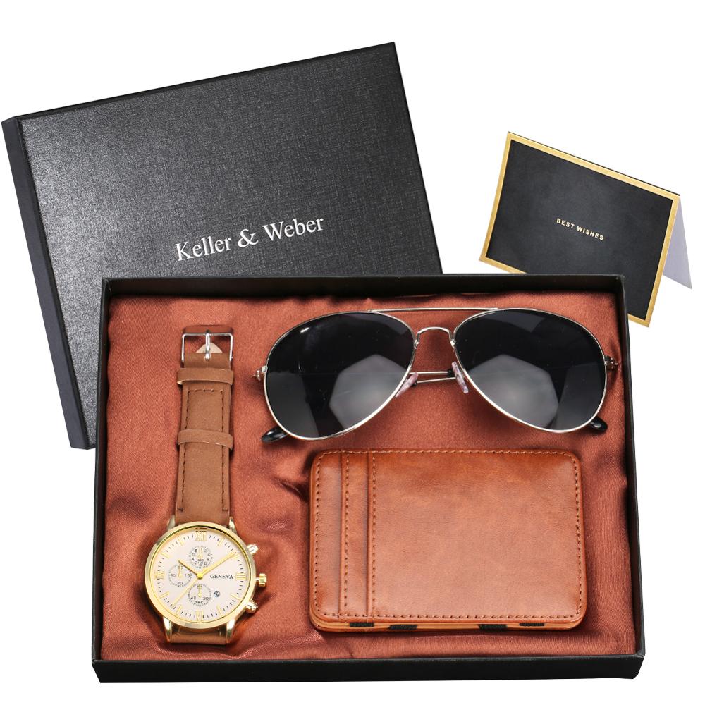 Luxury Rose Gold Men's Watch Leather Card Credit Holder Wallet Fashion Sunglasses Sets for Men Unique Gift for Boyfriend Husband