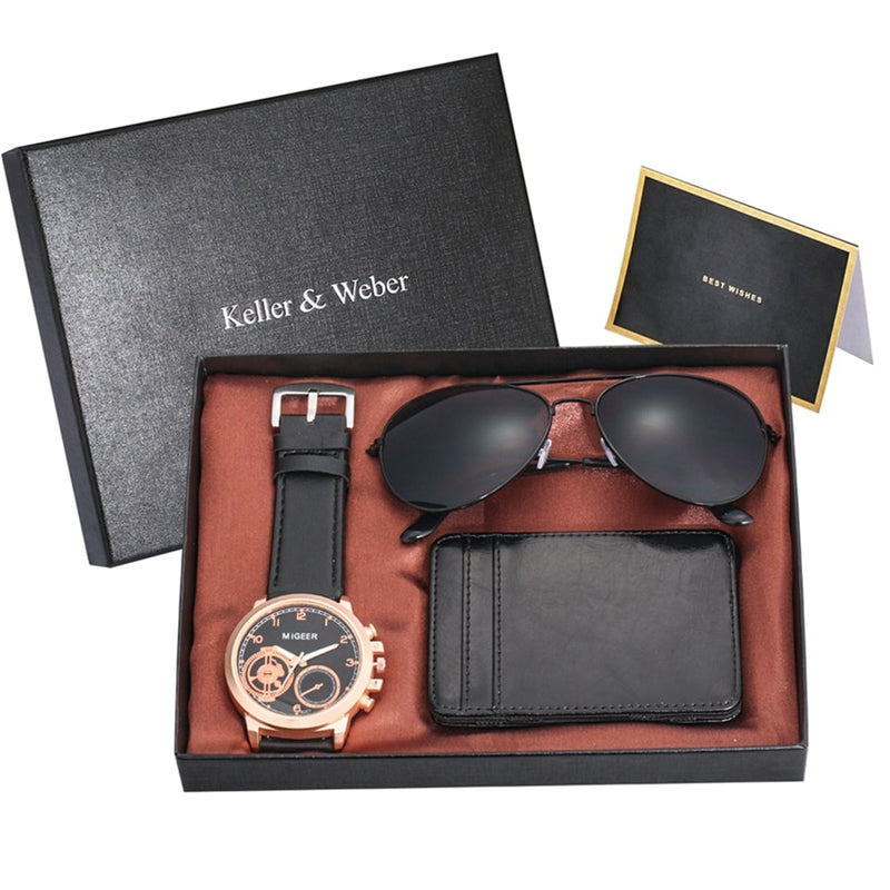 Luxury Rose Gold Men&#39;s Watch Leather Card Credit Holder Wallet Fashion Sunglasses Sets for Men Unique Gift for Boyfriend Husband