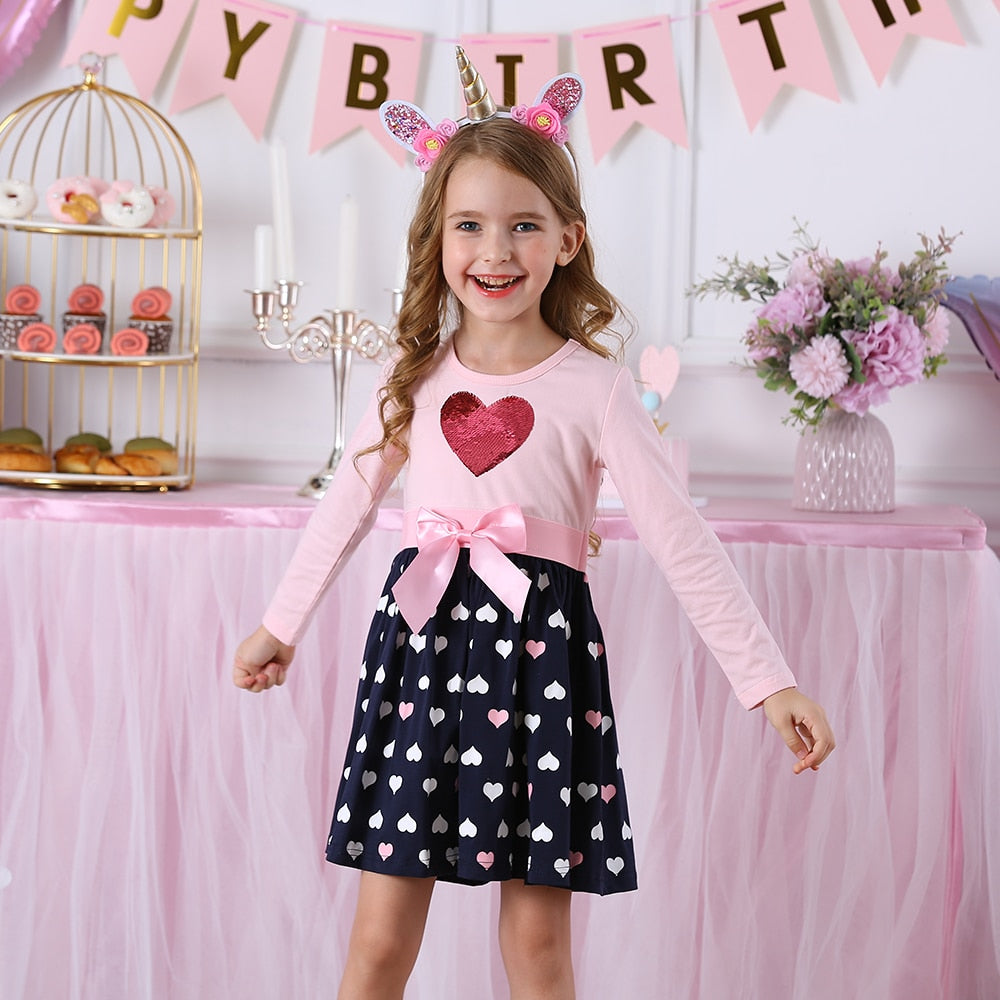 VIKITA Girls Cotton Dress Kids Cartoon Appliqued Vestidos Children Casual Wear Clothes Girls Long Sleeve Patchwork Dresses