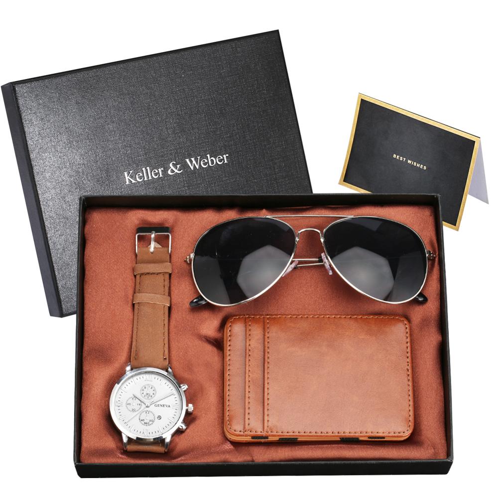 Luxury Rose Gold Men's Watch Leather Card Credit Holder Wallet Fashion Sunglasses Sets for Men Unique Gift for Boyfriend Husband