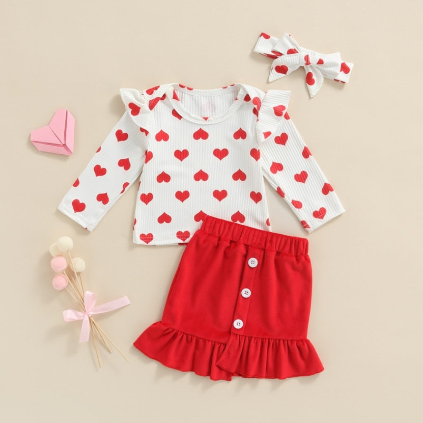 New Toddler Kids Baby Girl Valentine 's Day Clothes Long Sleeve Love Heart Printed Shirt Tops Tutu Skirt 2Pcs Outfits Set